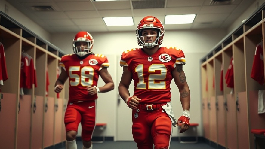 Kansas City Chiefs players in red uniforms in a locker room, showcasing team spirit.