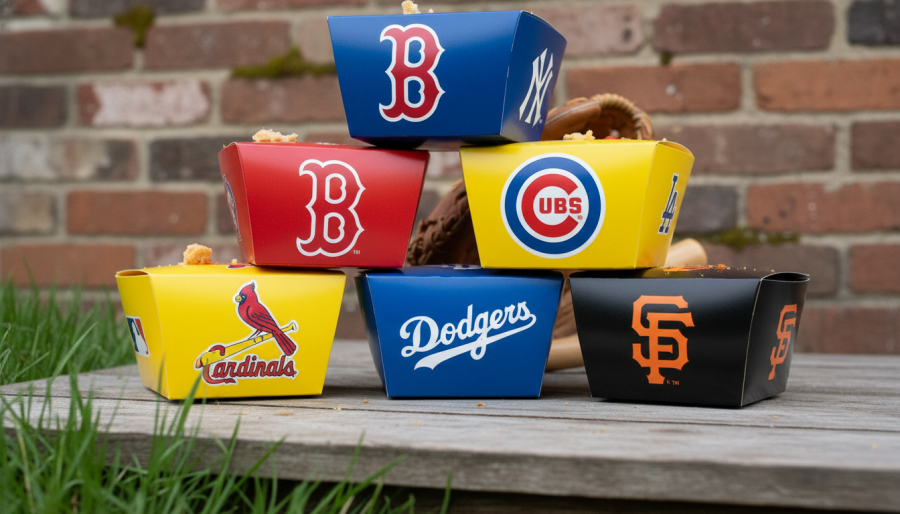 Photorealistic MLB-themed hot dog boxes showcasing team logos, perfect for Kansas City local living.
