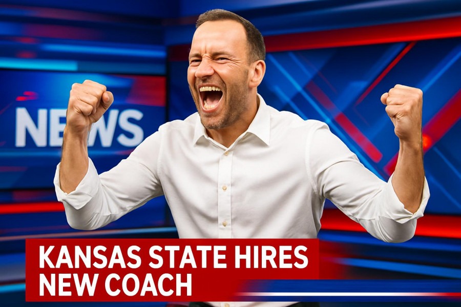 Energetic coach celebrates Kansas City local living with vibrant news graphic.