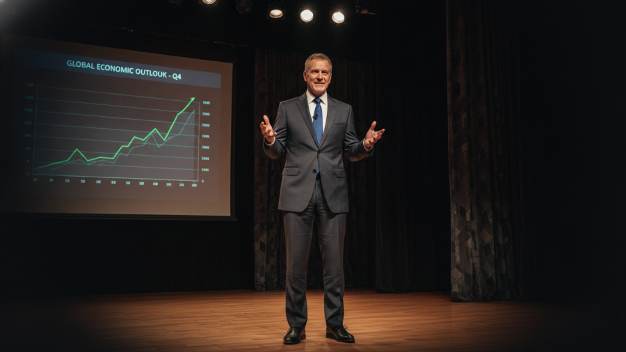 Mature man discussing artificial intelligence investment trends on a conference stage.