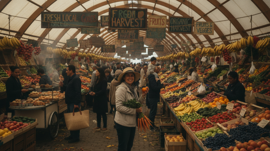 Vibrant farmers market in Kansas City showcasing local produce and supporting vendors.