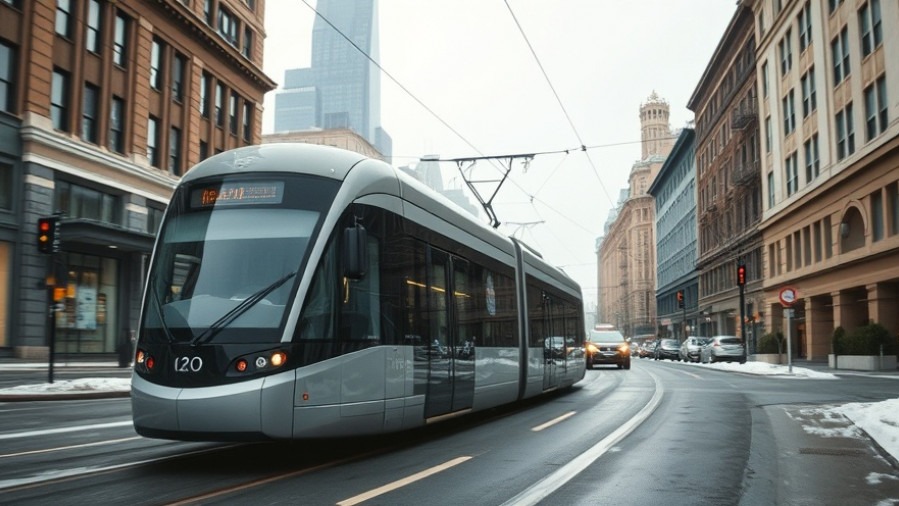 Sleek streetcar gliding through Kansas City winter scene, highlighting local attractions.