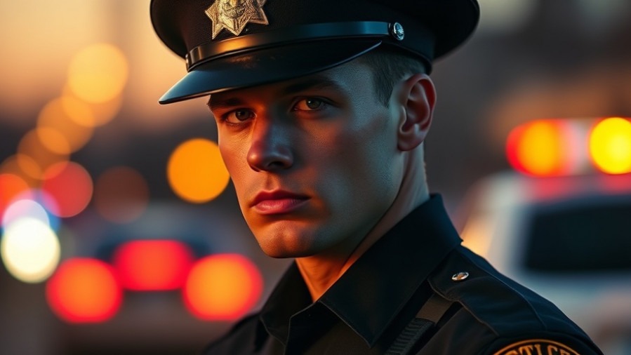 Serious young state trooper in uniform, dramatic lighting, Kansas City urban lifestyle.