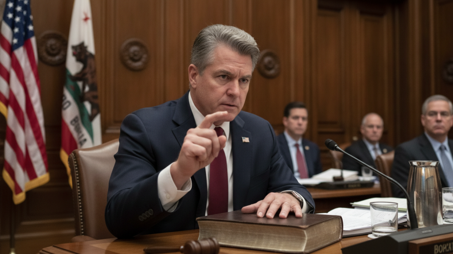 Focused male legislator discusses Jackson County politics in a formal chamber setting.