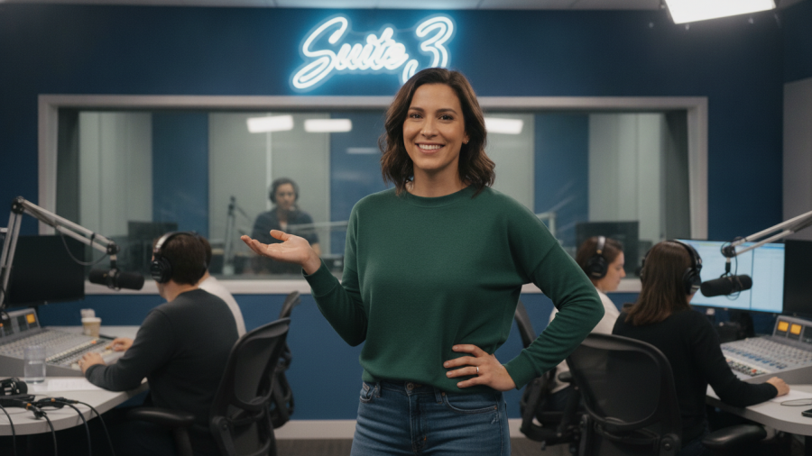 Woman enjoying local KC restaurants and World Cup cuisine in vibrant radio station.