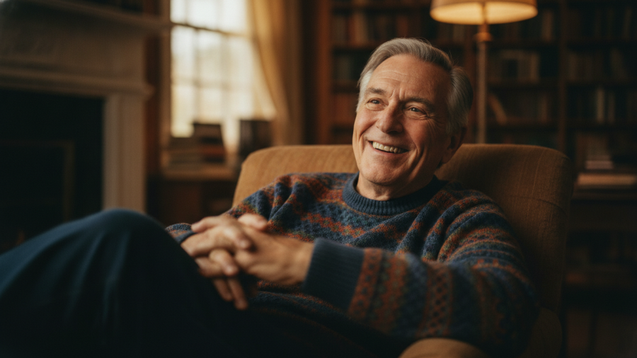 Joyful older man in a relaxed pose, capturing Kansas City neighborhoods spirit.