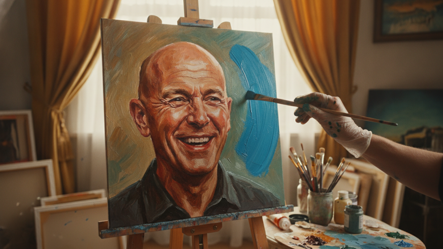 Acrylic painting of a joyful bald man creating art, inspired by kc chiefs news.