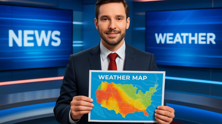 Male news anchor delivering weather report in a modern Kansas City studio