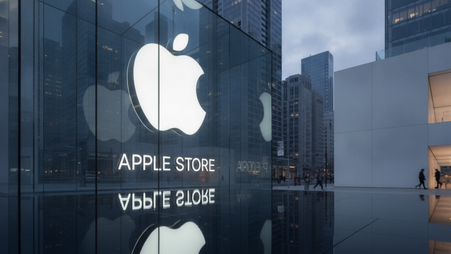 Glowing Apple logo reflecting on glass, highlighting innovation in Kansas City.