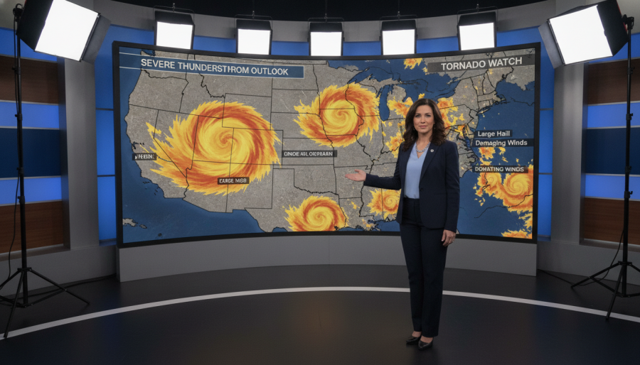 Female meteorologist presents severe weather forecast in vibrant Kansas City neighborhoods.