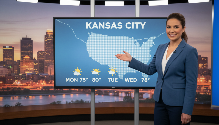 Confident female meteorologist presenting weather in front of Kansas City skyline.