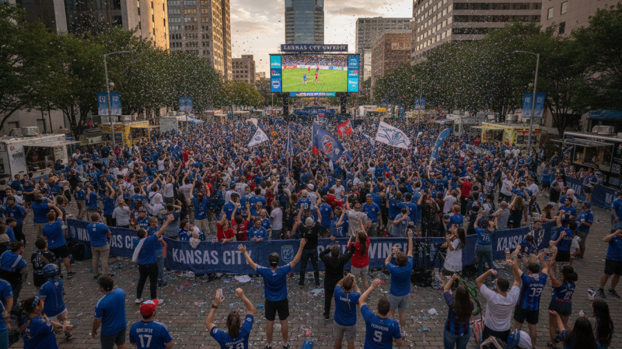 Vibrant plaza celebrating Sporting KC matches with cheering fans and local soccer bars.