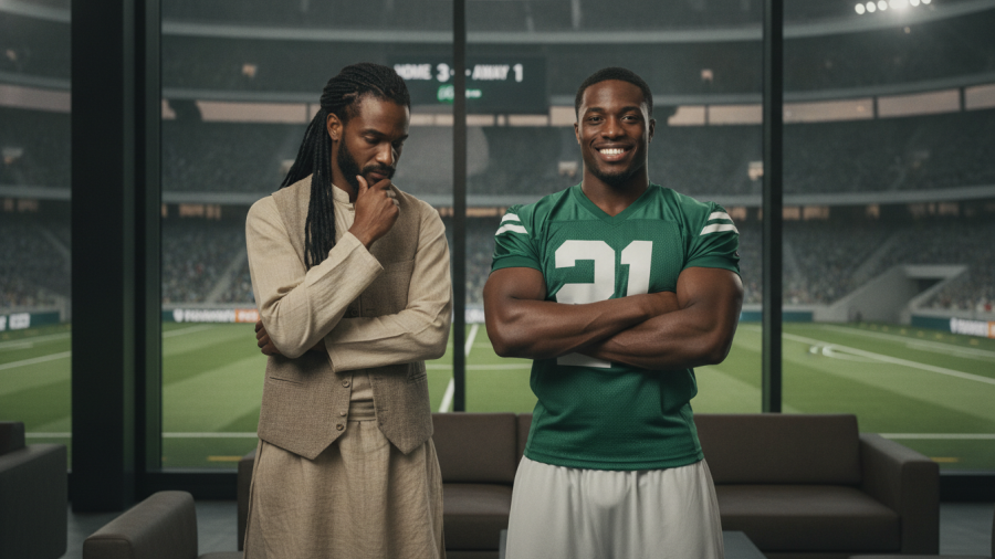 Confident football player and thoughtful man discussing amyotrophic lateral sclerosis.