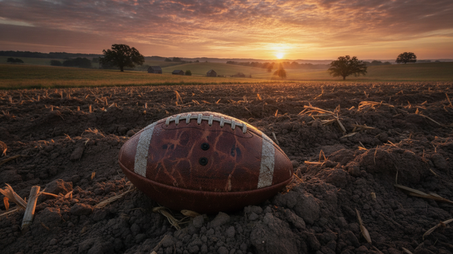 Rustic football in plowed field at dawn, highlighting KC business community stories.