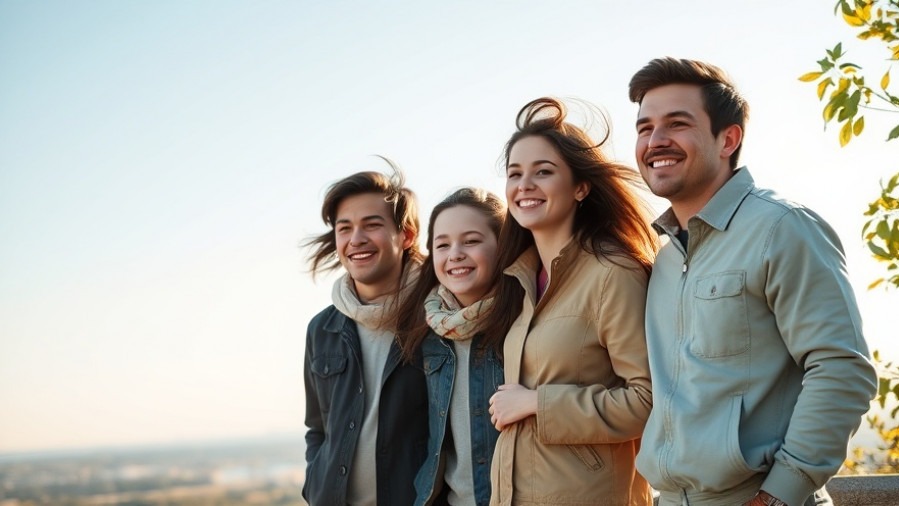 Smiling young family on a Kansas City overlook enjoying a windy day, embodying KC suburban life.
