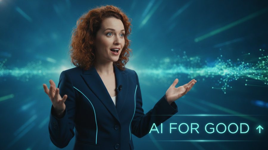 Charismatic speaker discussing artificial intelligence benefits against a futuristic backdrop.