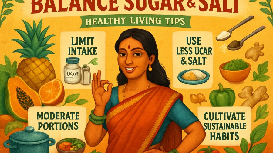 Vibrant poster with woman in Indian attire sharing Kansas City nutrition tips on balancing sugar and salt.