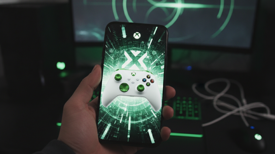 Smartphone with Xbox logo highlights gaming industry trends amidst vibrant gaming elements.