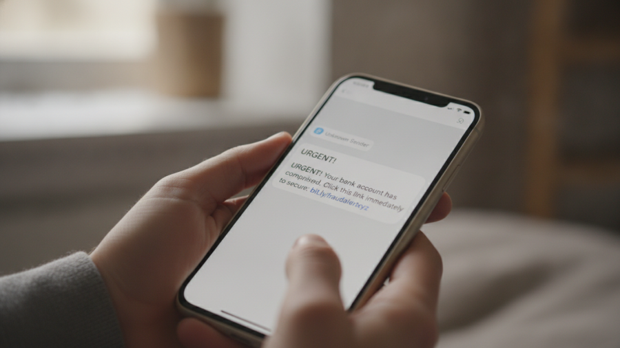 Person reading fake emergency texts on a smartphone, learning how to spot scams.