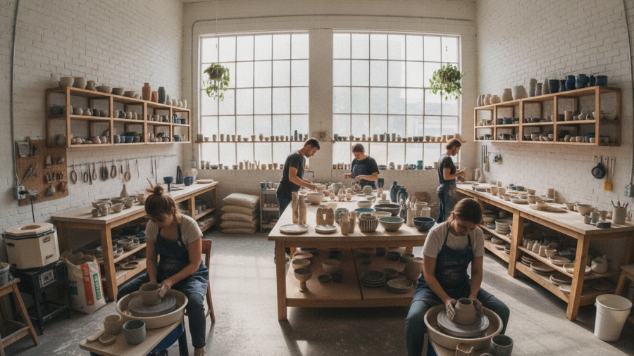 KC Clay Guild community ceramic classes in modern studio setting.