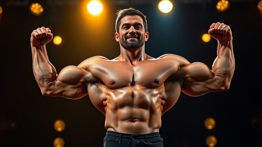 Muscular bodybuilder showcasing front lat spread pose in dramatic lighting.