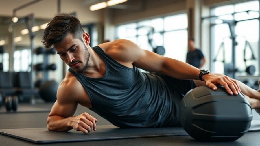 Focused athletic man foam rolling for warmup exercises in a gym.