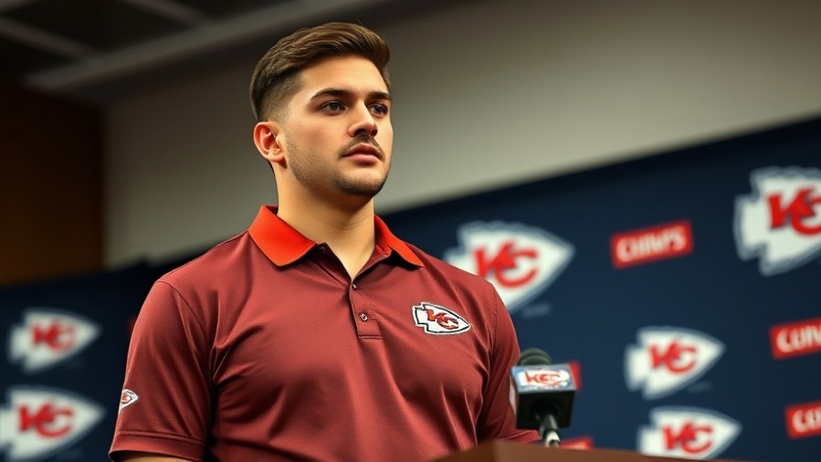Patrick Mahomes at a press conference in KC Chiefs attire, showcasing the roster updates.
