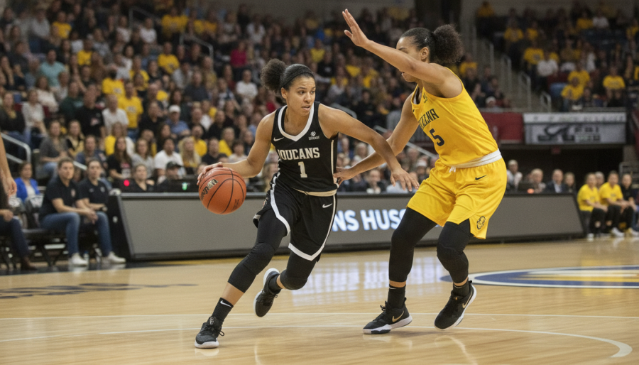 Determined female player dribbling in black uniform, showcasing WNBA rise in youth basketball.