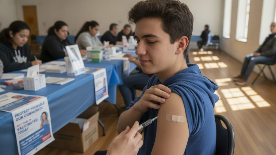 Young person with band-aid receiving a vaccine in a community center, highlighting vaccination rates.