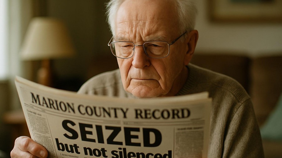 Elderly reader deeply engaged in the Marion County Record documentary, reflecting on small-town journalism.