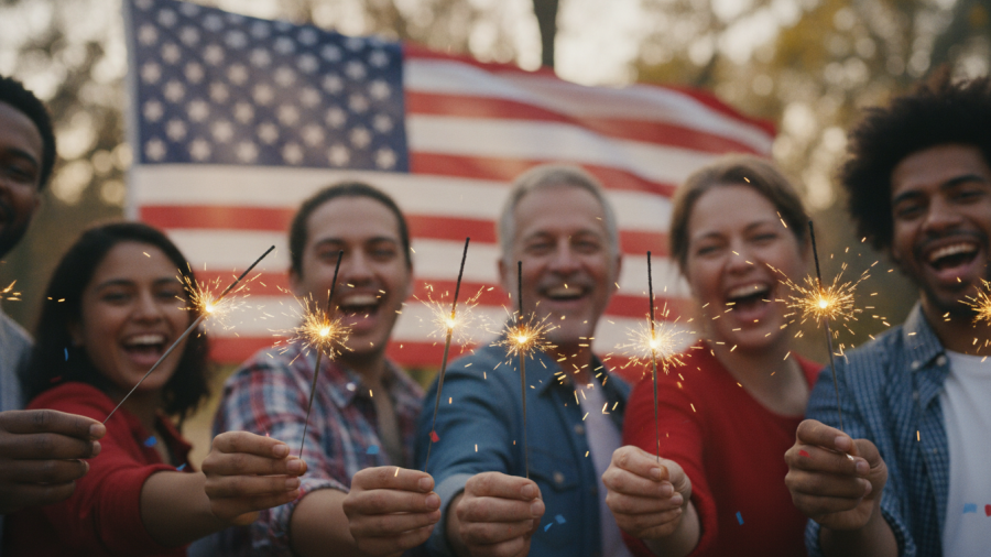 Joyful celebration with sparklers, supporting local KC small businesses, vibrant and patriotic.