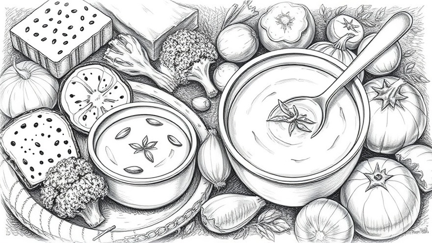 Intricate illustration of ingredients for homemade chicken bone broth supporting local KC shops.