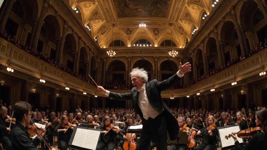 Elderly conductor directing music at Kansas City arts events in a grand concert hall.