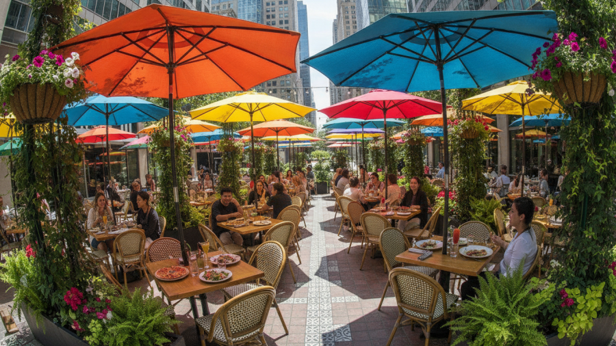 Vibrant Kansas City eateries patio with colorful umbrellas and urban greenery.