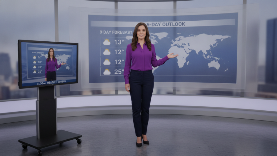 Confident female meteorologist presenting Kansas City weather forecast in studio.