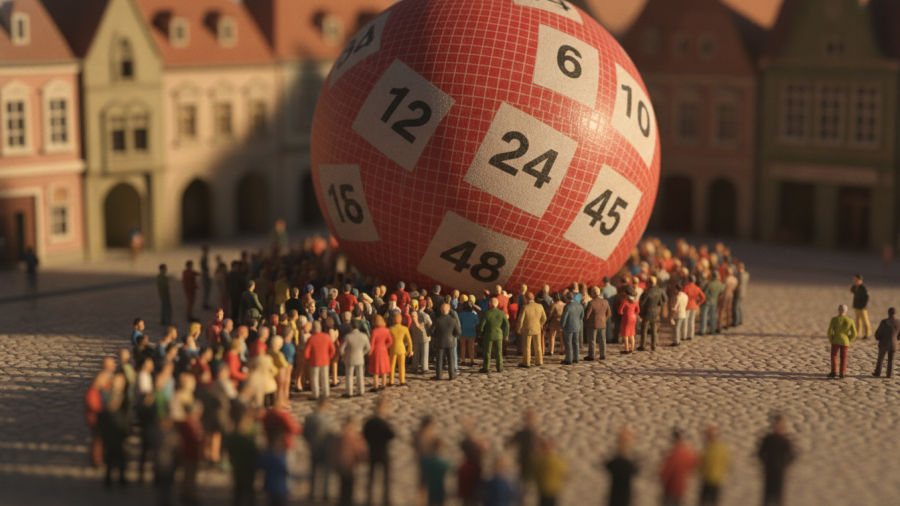 Crowd queuing before a giant Powerball ball in a vibrant town square, highlighting local lotteries.