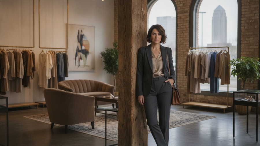 Elegant businesswoman in a chic Kansas City boutique showcasing summer style.