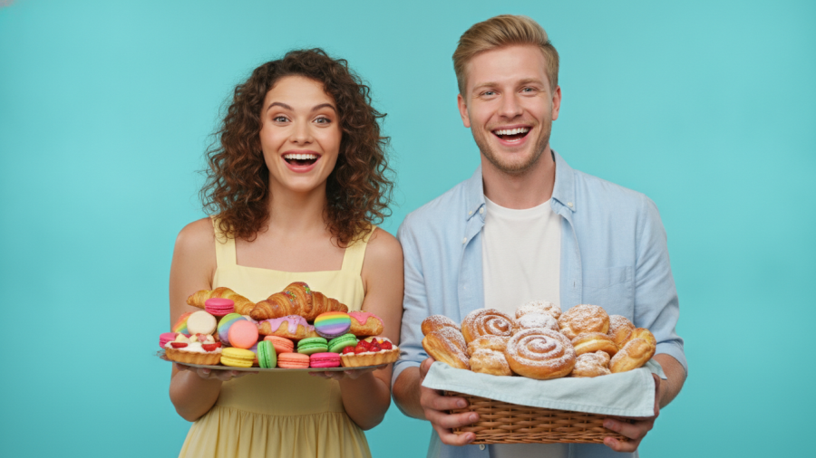 Cheerful couple with colorful pastries at conchas in Kansas City.