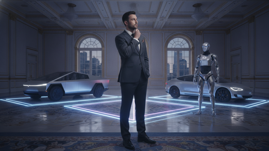 Thoughtful businessman in suit with Tesla cars, showcasing Elon Musk's AI investments and Kansas City innovation.