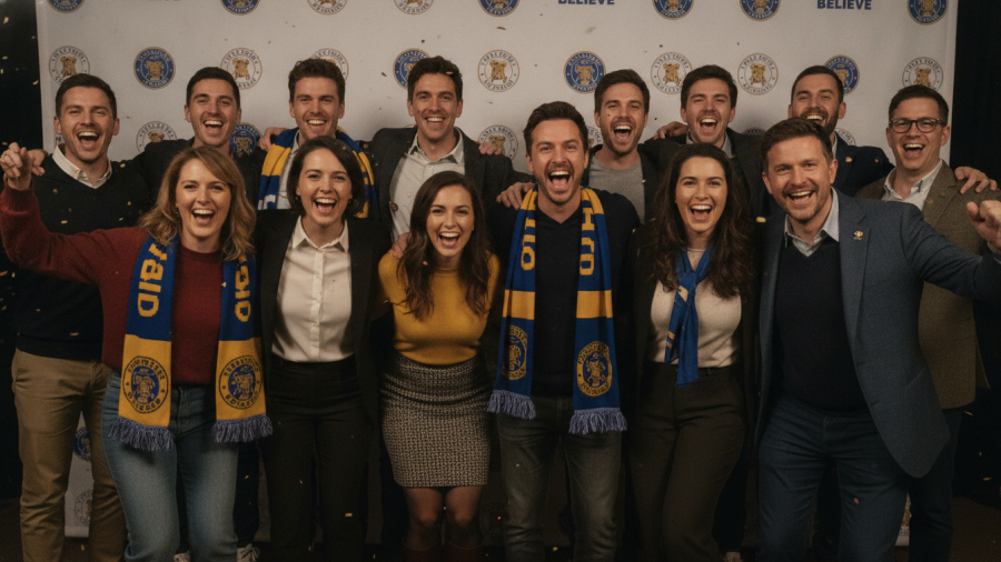 Joyful group at Ted Lasso filming locations, celebrating Kansas City businesses.
