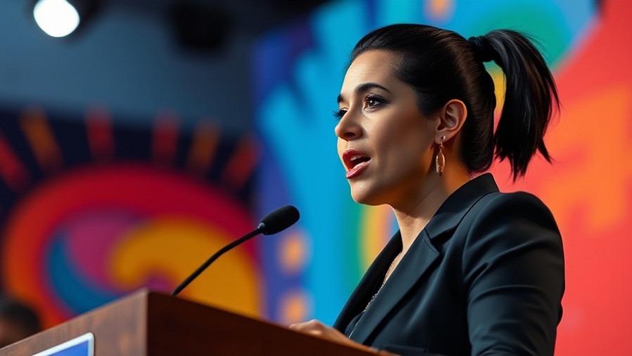 AOC passionately speaking on grassroots organizing in luxury hotels, vibrant colors.