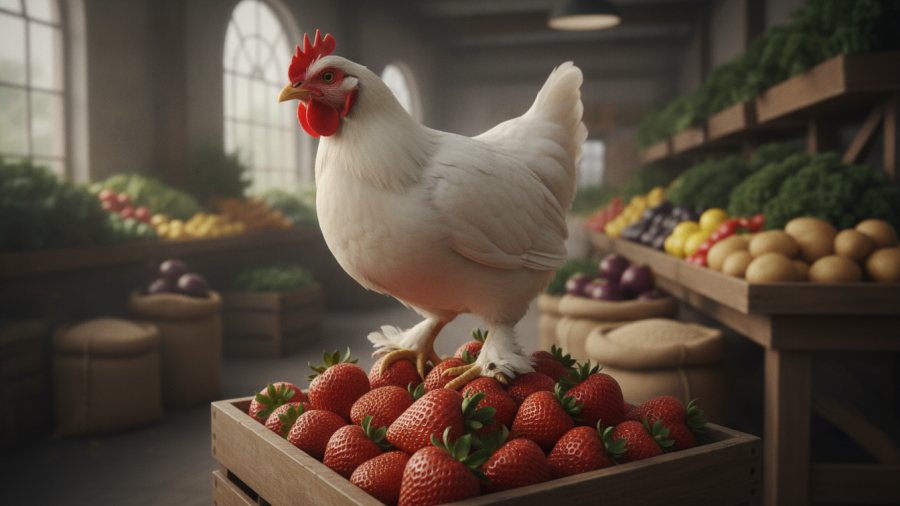 Lively white chicken on fresh strawberries, highlighting Kansas City's animal welfare initiatives.