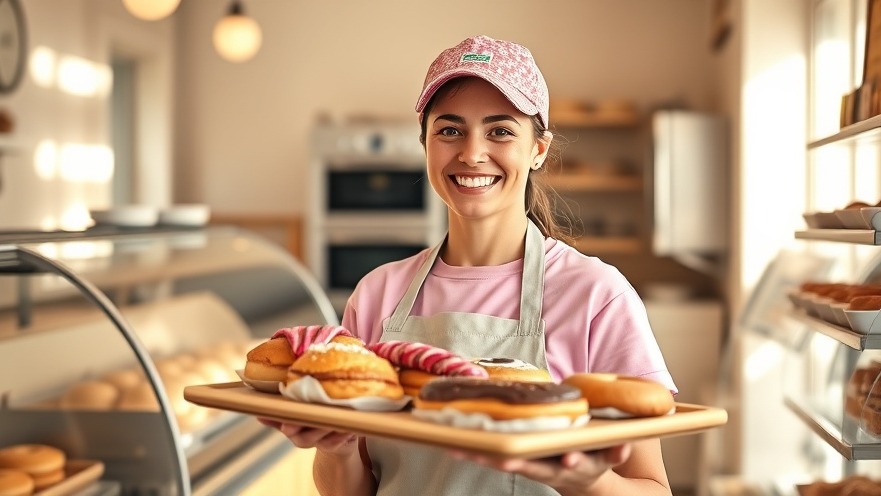 Friendly baker showcasing fresh pastries in a cozy Kansas City bakery.