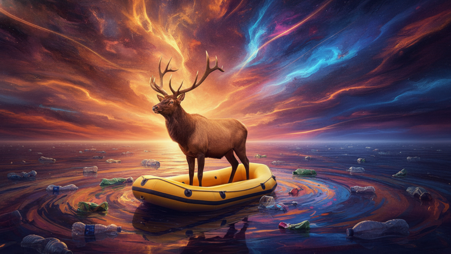 Surreal scene of an elk in a raft, embodying Kansas City startups to watch.