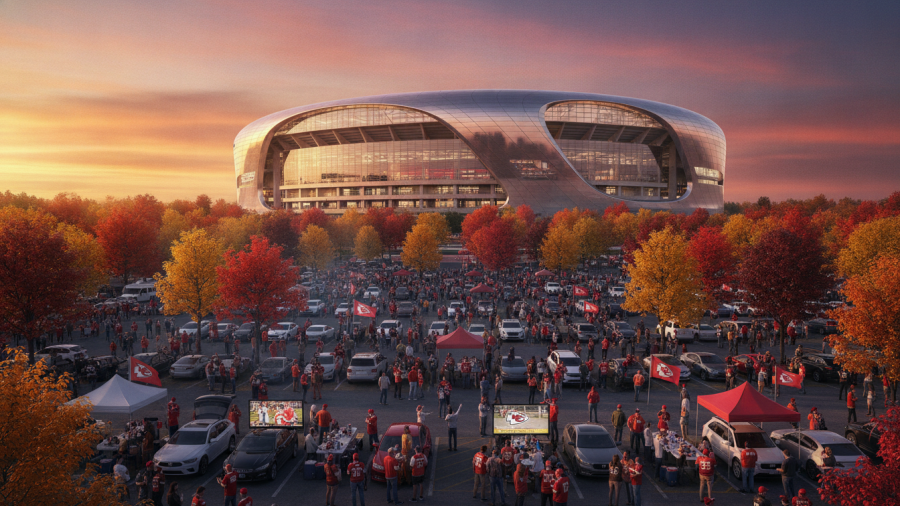 Futuristic Kansas City Chiefs stadium with vibrant tailgates and autumn colors.