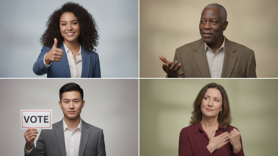 Diverse individuals showcasing community engagement for local governance election.