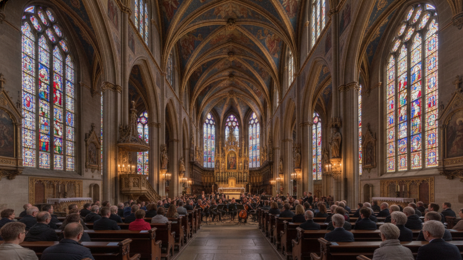 Ornate church interior hosting Kansas City startups to watch concert.