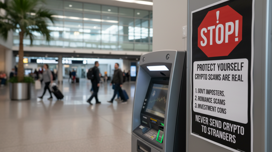 Promotional poster warning about cryptocurrency scams near a Bitcoin ATM in Kansas City.