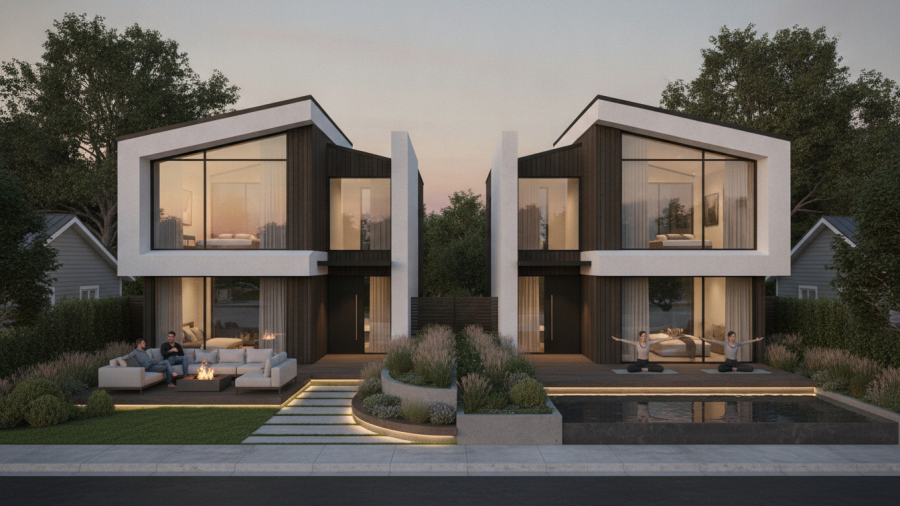 Contemporary duplexes in Kansas City showcasing affordable housing design with relaxed residents.