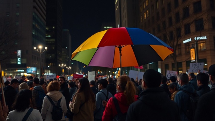 Vibrant nighttime protest in Kansas City neighborhoods with colorful umbrellas and dynamic crowd.